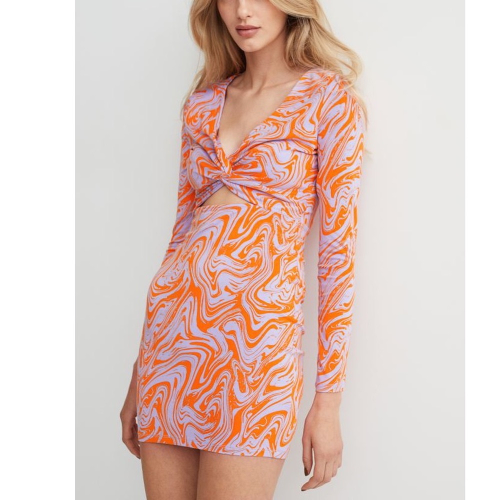 NWT H&M orange & light purple 70s swirl cut out long sleeve fitted dress